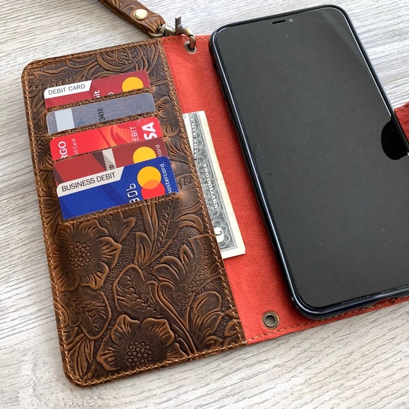 Floral Embossed Brown Leather Cellphone Case and Card Wallet - Picture 6 of 8